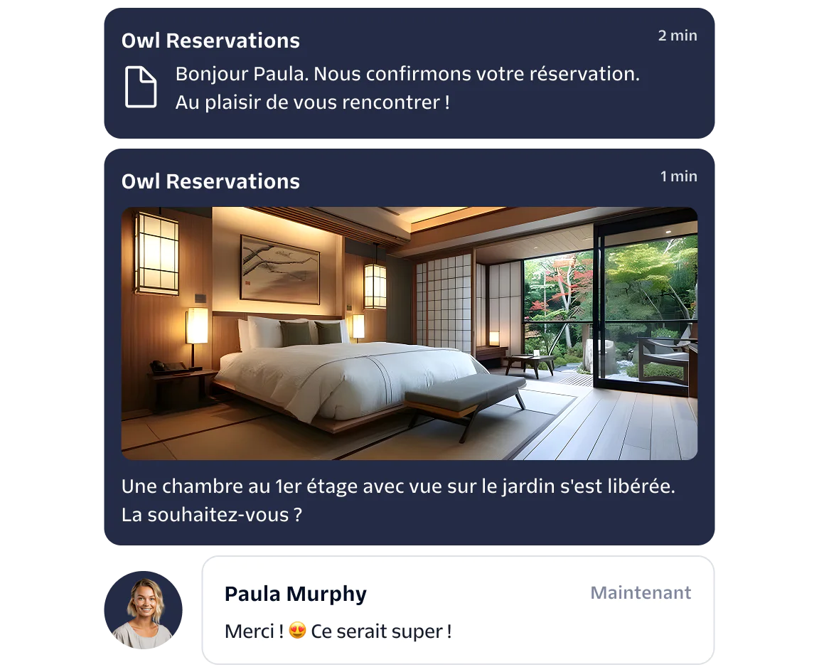 Hotel booking confirmation and room preference messages with a photo of a Japanese-style room, and a customer reply.