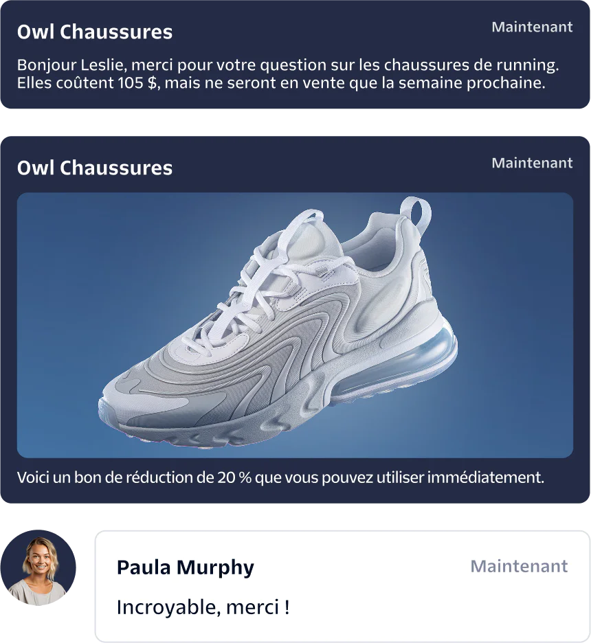 Running shoes with a 20% off coupon from Owl Shoes and a customer expressing gratitude.