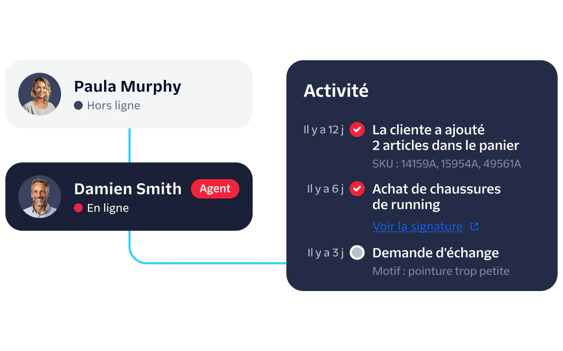Dashboard displaying user status, recent activities, and an agent's online availability.