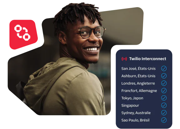 Smiling man with glasses and Twilio Interconnect locations listed including San Jose, London, and Tokyo.