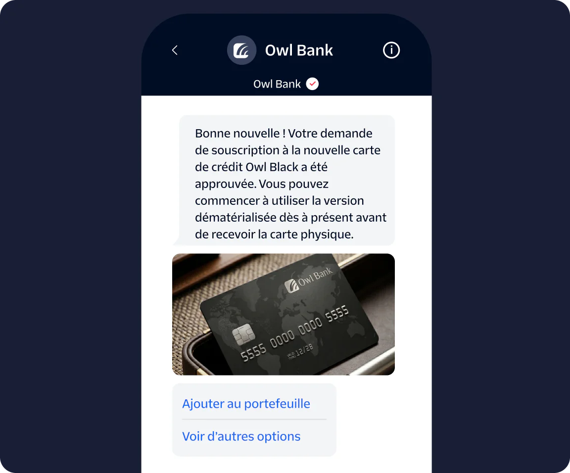 Smartphone screen displaying an approval message for a new Owl Bank Black credit card with an add to wallet option.