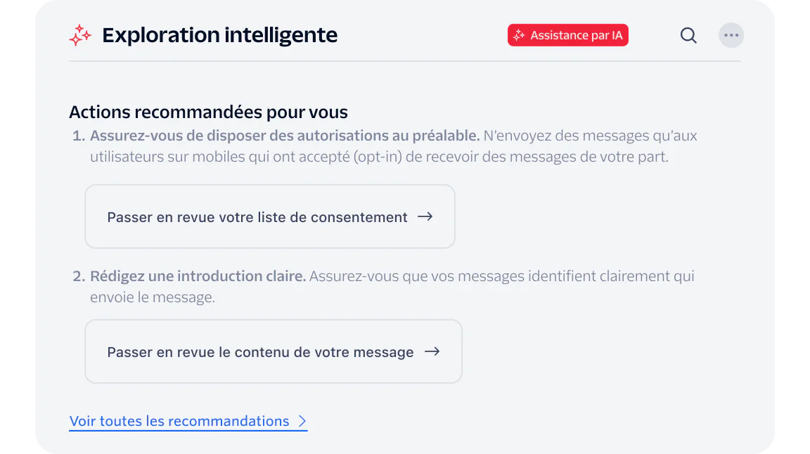 Interface showing recommended actions for intelligent discovery with review buttons.