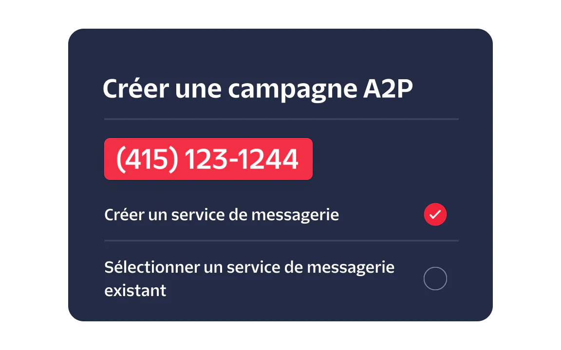 Interface for creating a new A2P campaign with an option to create or select a messaging service