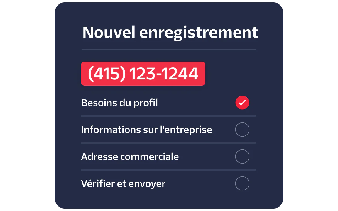 A registration form showing profile needs completed, business details, address, and review steps pending.