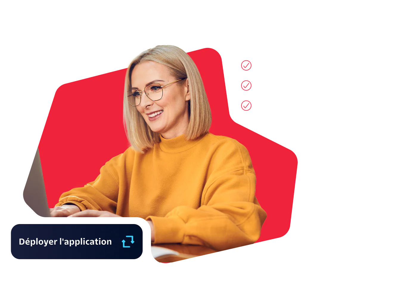 Woman in yellow sweater using a laptop with a Deploy App button and confirmed deployment status