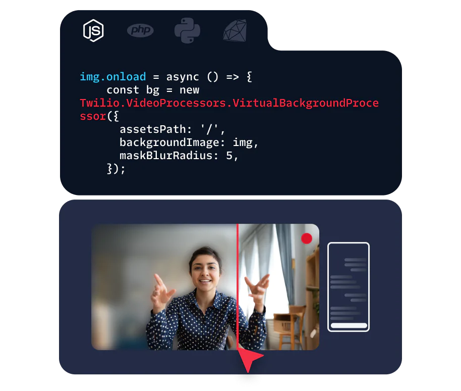 Code snippet showing async function for setting a virtual background using Twilio.