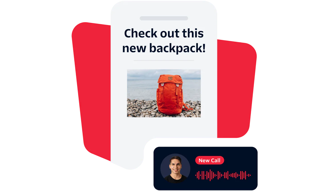 Promotional image of a new orange backpack on a rocky beach with an incoming call notification.