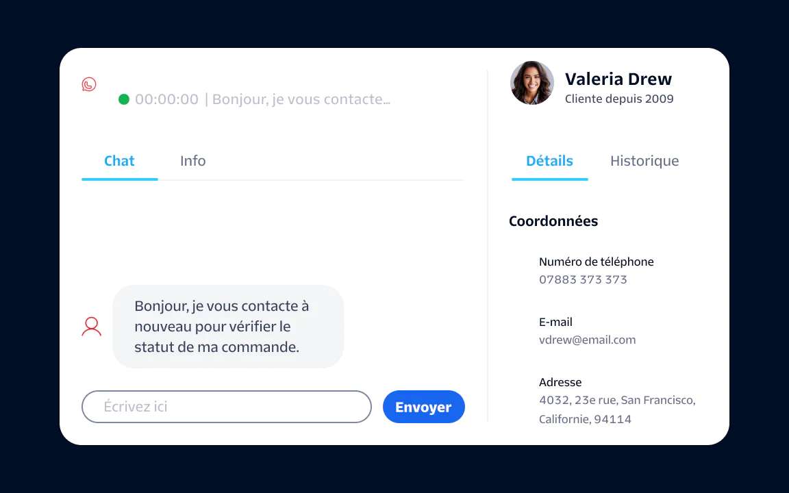 Customer Service Chat Interface with Contact Information A chat window showing a customer's message, contact details, and an info tab with Valeria Drew's profile.