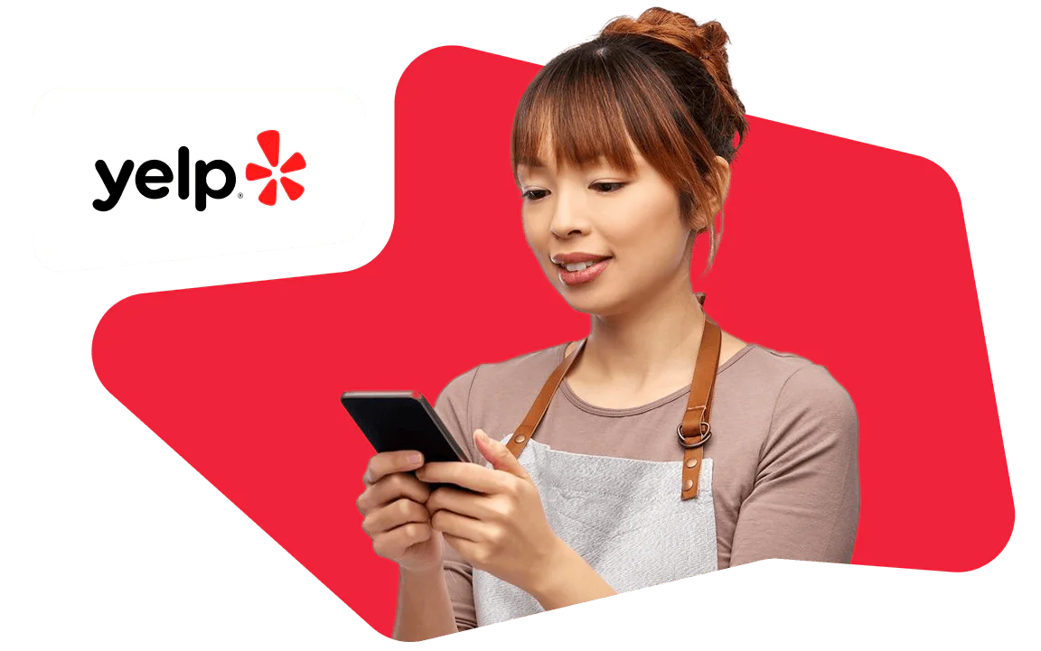 Woman looking at her smartphone, wearing an apron, with the Yelp logo beside her against a red background.