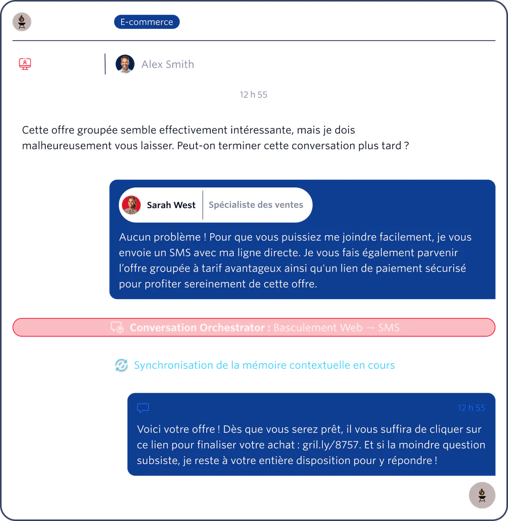 Chat between a customer and a sales expert about the Summit G4 Grill bundle with SMS follow-up link.