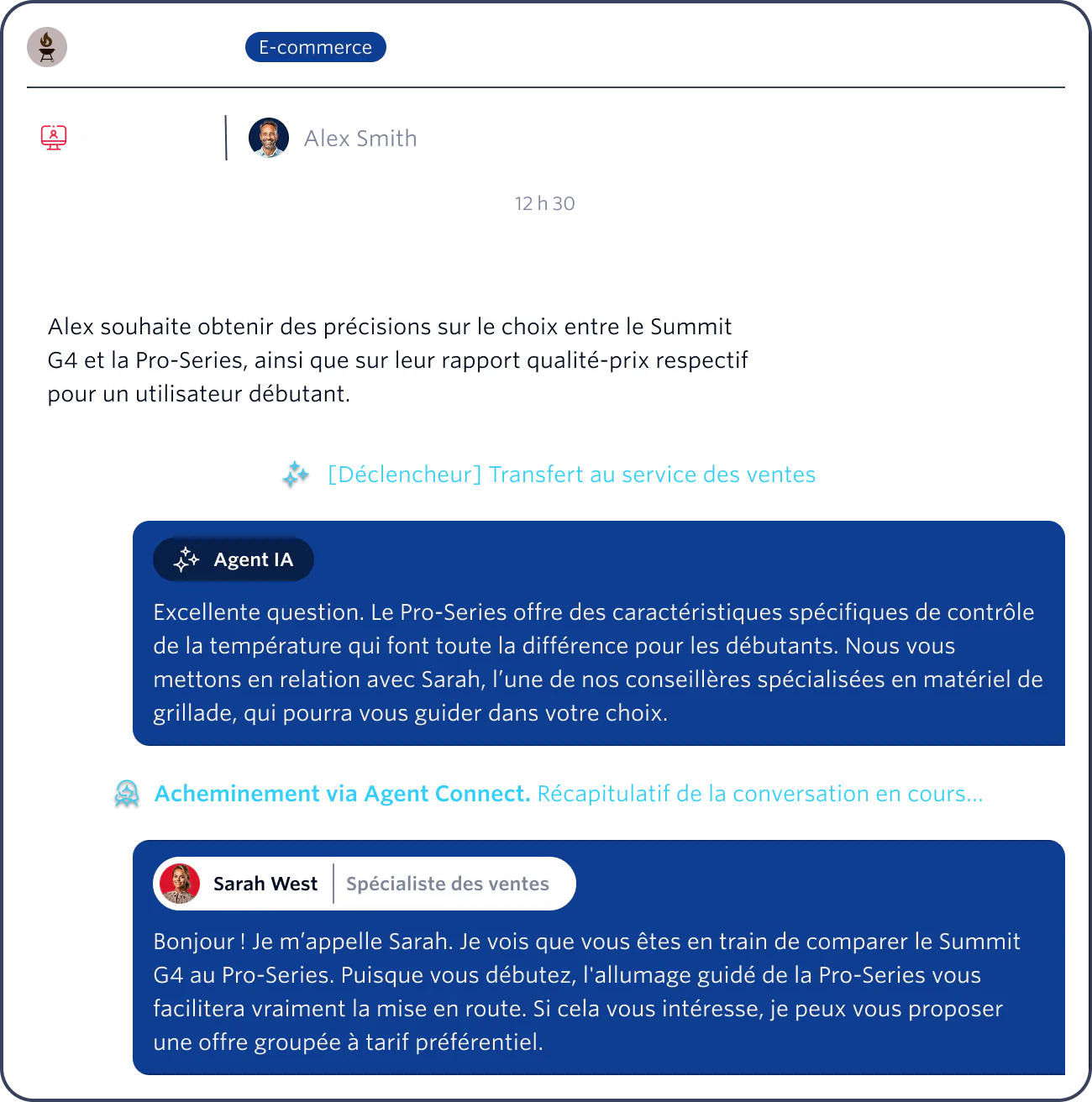 Screenshot of an AI and human agent assisting a customer in a web chat about the Summit G4 and Pro-Series grills.