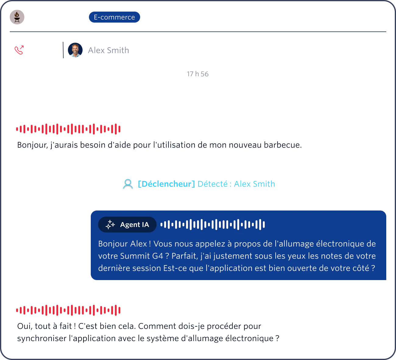 Chat interface showing conversation between customer Alex Smith and AI agent about Summit G4 Grill setup.