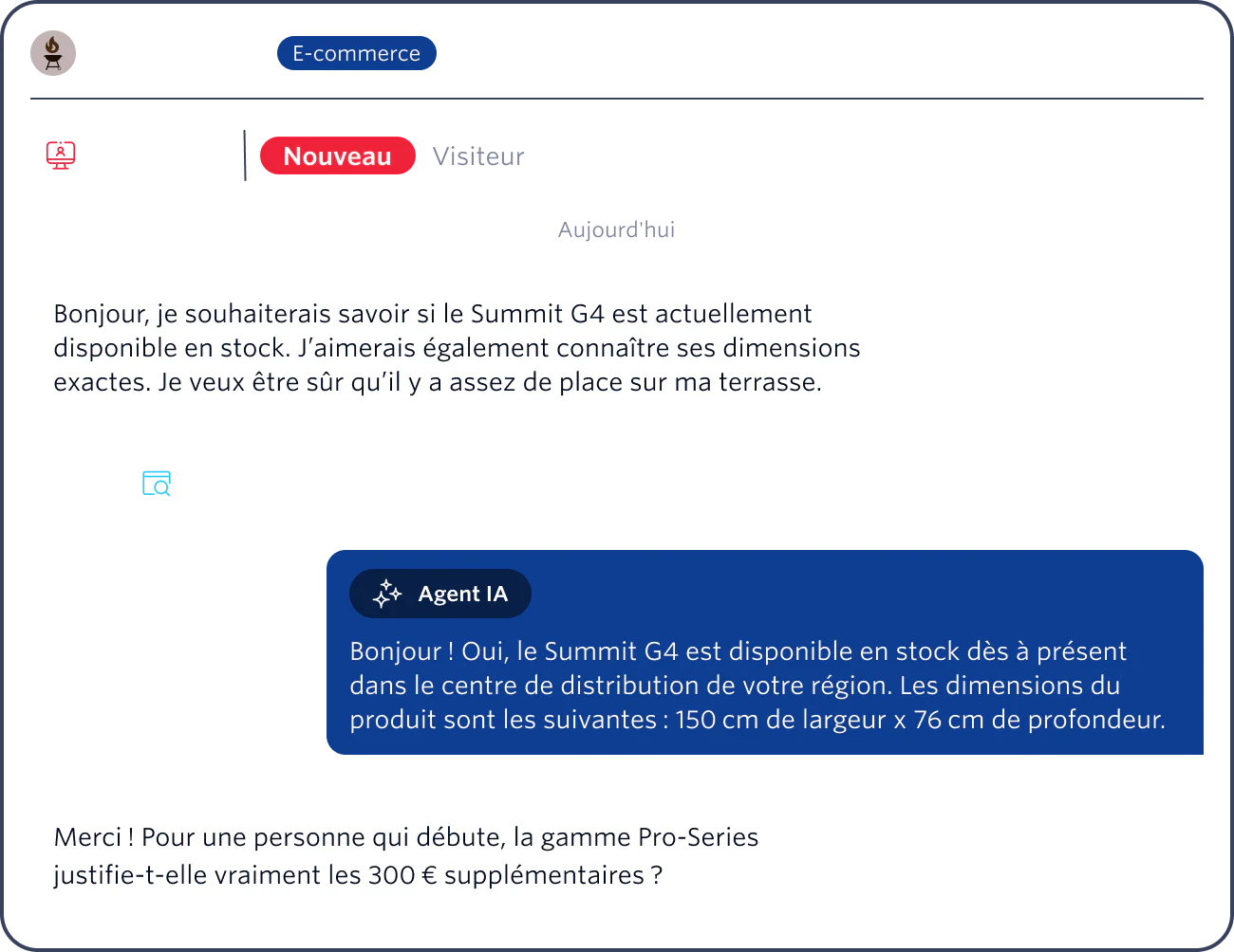 Web chat showing a customer inquiring about the dimensions of the Summit G4 grill and an AI assistant responding.
