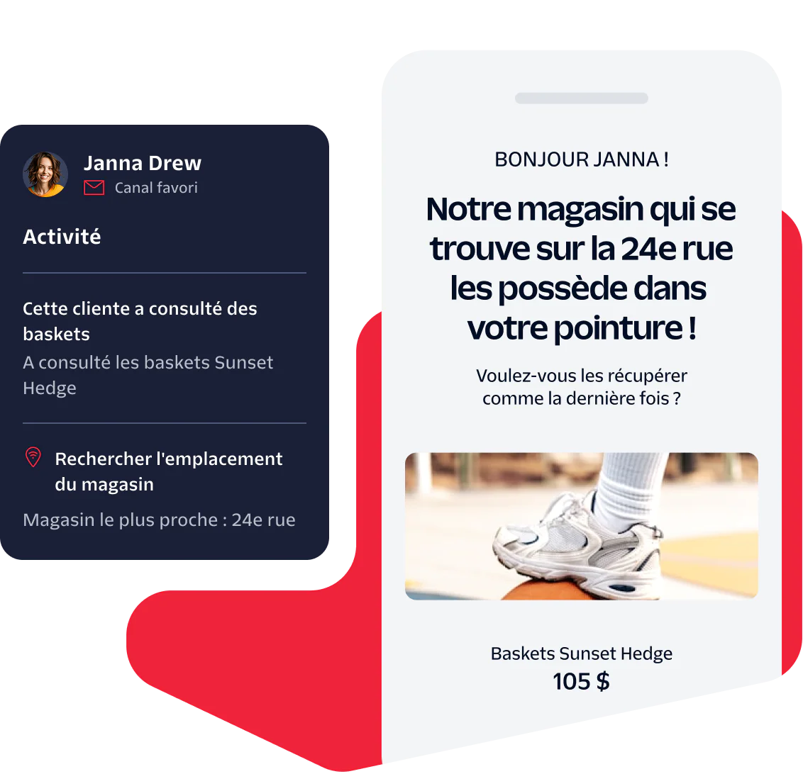 Mobile notification showing customer activity details and recommending shoes based on location and preferences.