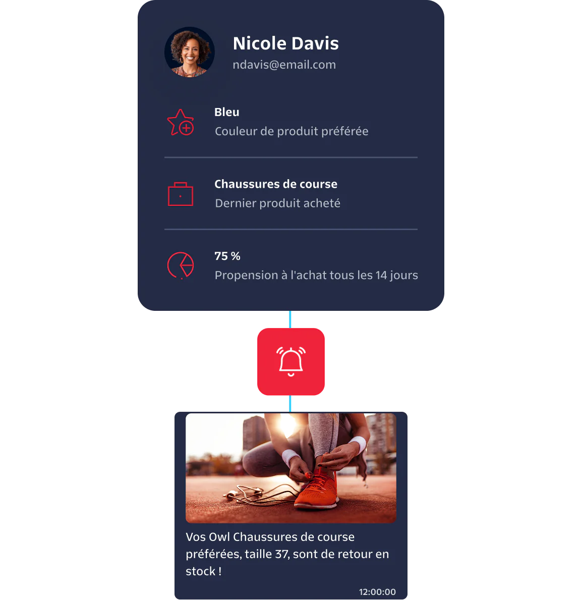 Marketing dashboard showing Nicole Davis's product preferences and a notification about a product restock.
