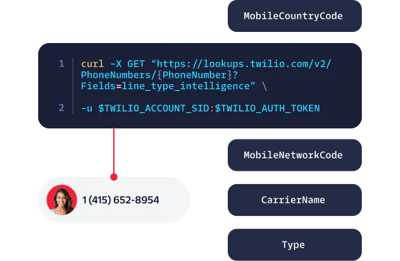 Code example showing a cURL command to retrieve phone number information using Twilio API with a phone number displayed.