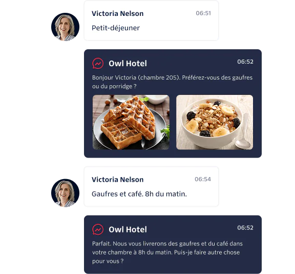 Chat between Victoria Nelson and Owl Hotel about breakfast order with waffles image.