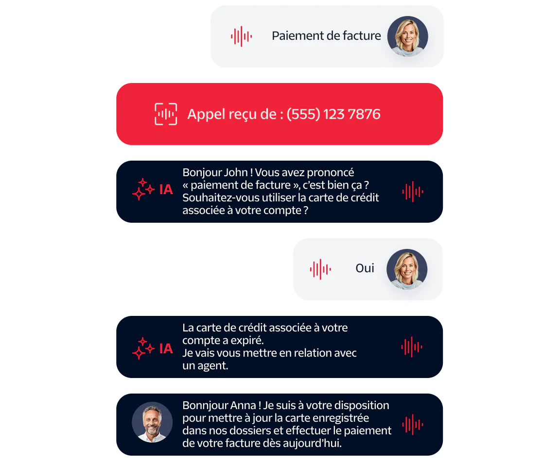 Chat between customer and AI assistant about bill payment and credit card update with agent interaction.