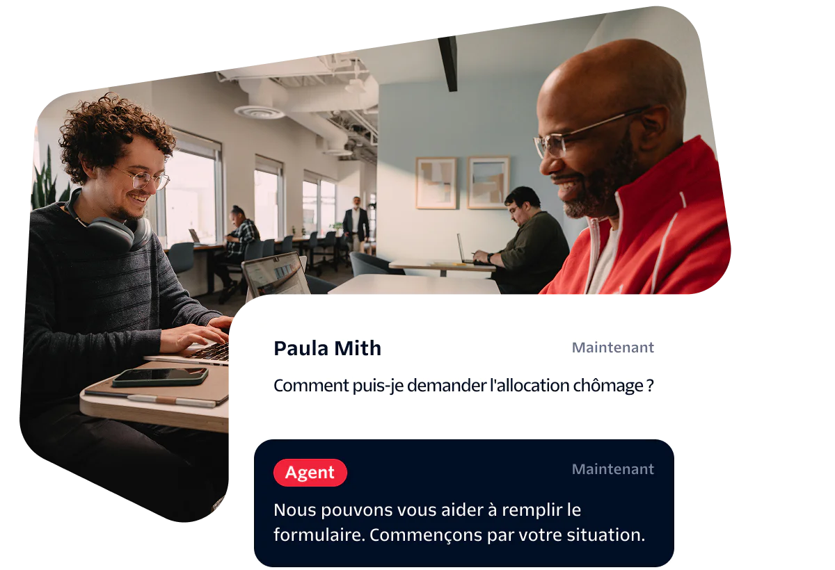 Two people working in an office, with a conversation about unemployment benefits on the screen.
