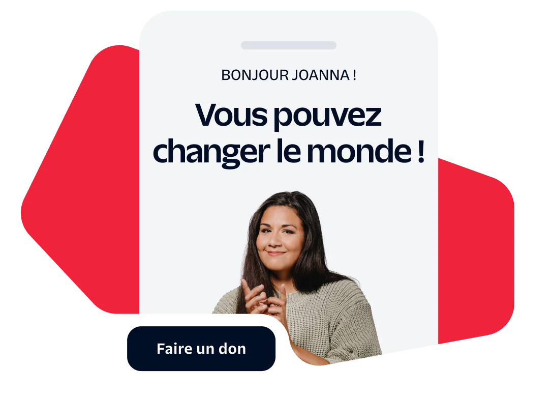 Donation Request to Support Change Woman in front of Be a part of the change! message with a donate button below.