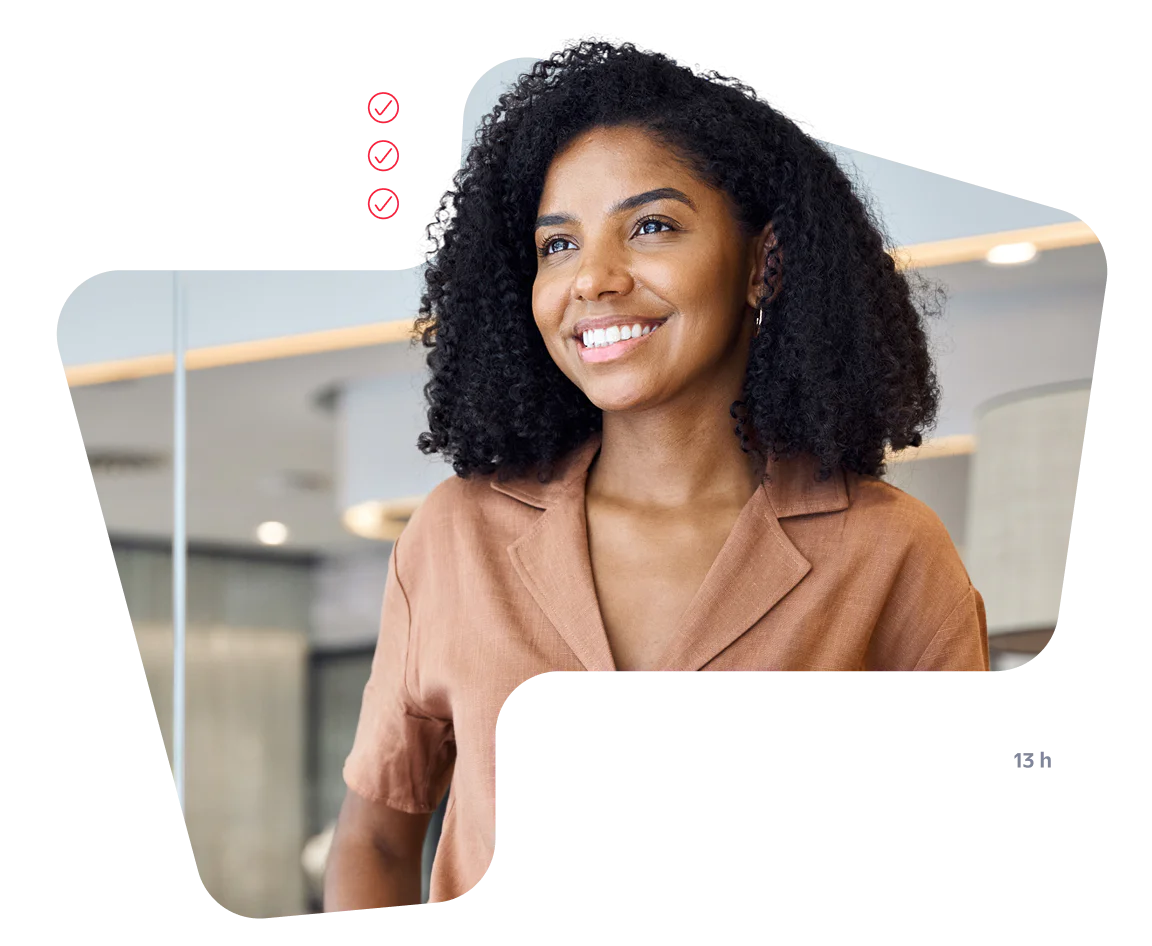 Smiling woman with order status updates from Owl Bakery including order received, preparing, and notification sent.