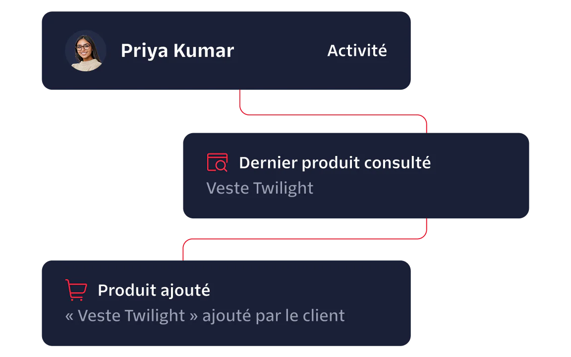 Customer Activity Flow for Priya Kumar Flowchart showing Priya Kumar's activity; last product seen was 'Twilight Jacket' and added 'Twilight Jacket' to cart.