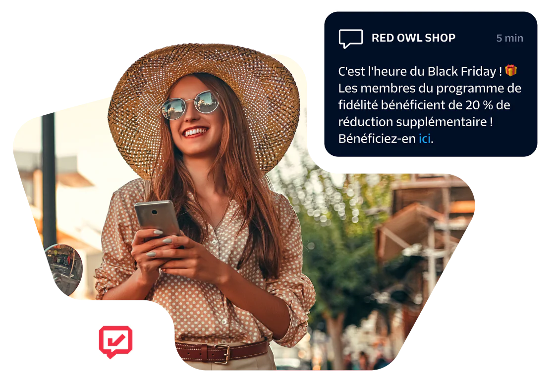 Woman wearing sunglasses and hat, holding smartphone with Black Friday sale notification on-screen.
