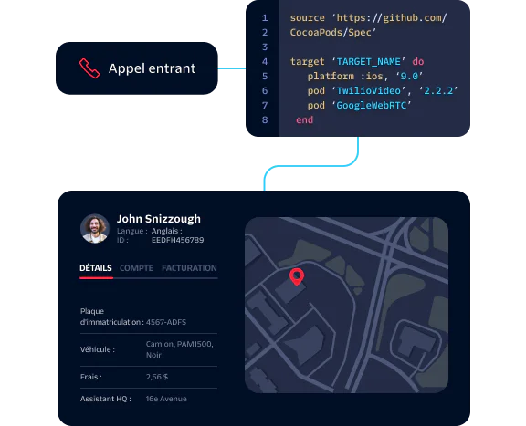 Interface showing an incoming call detail and user's profile with language, ID, vehicle, and location.
