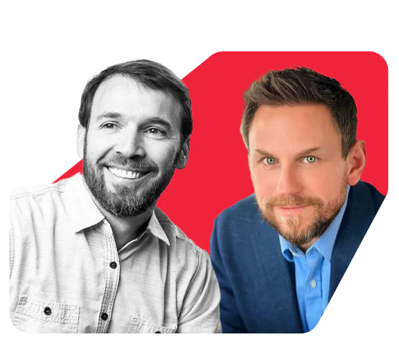 Two Professionals in Black and White and Color Black and white image of a man smiling next to a color photo of another man against a red background.