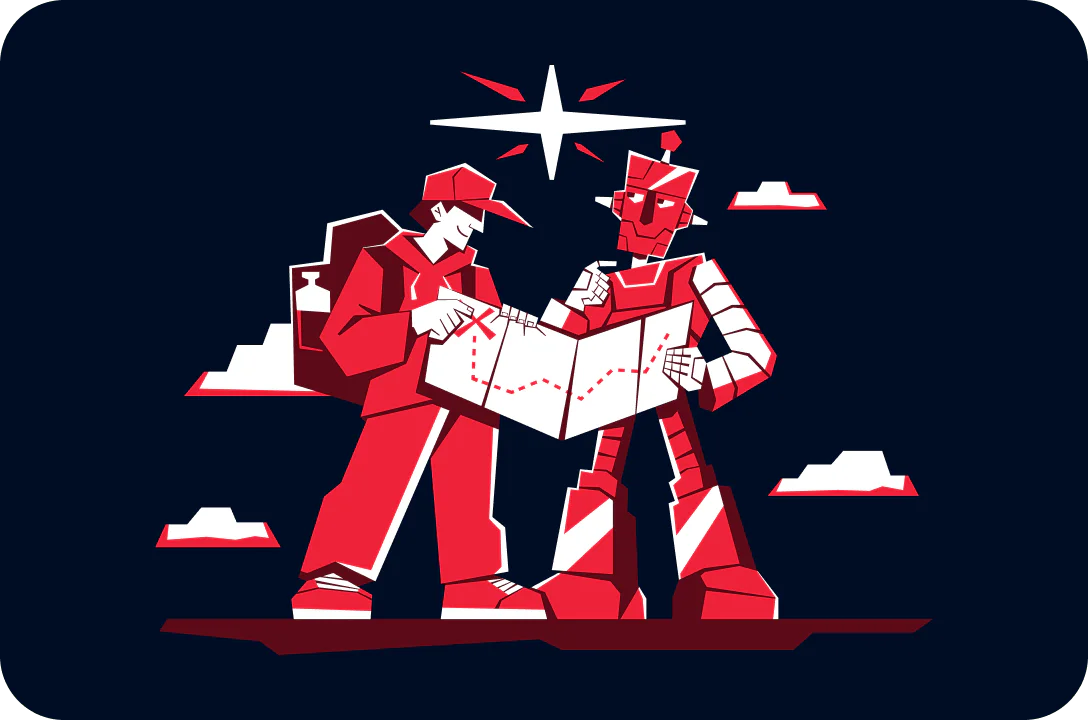 A human and a robot in red and white outfits consult a map under a star in a stylized, graphic illustration.