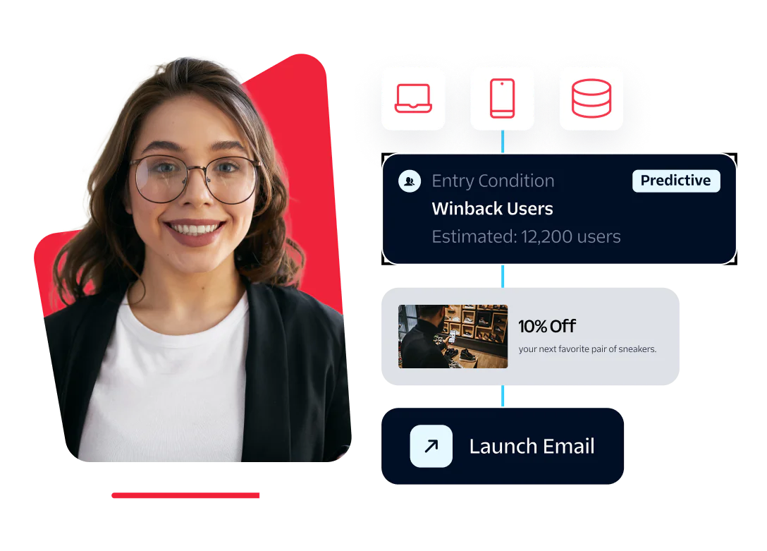 Woman presenting a strategy to win back users with email offers and predictive targeting.