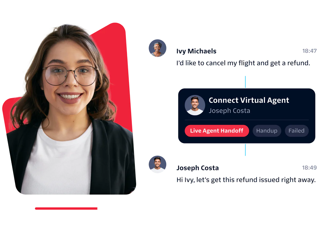Woman with glasses and a virtual chat showing a support interaction about canceling a flight and getting a refund.