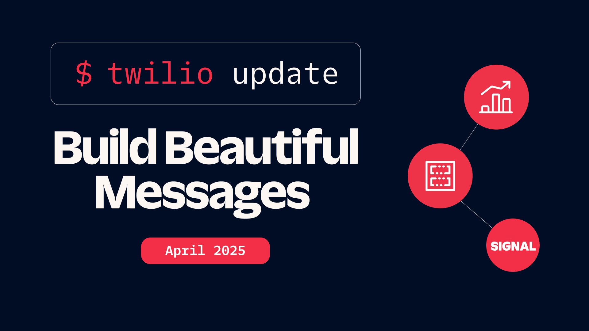 Twilio Update announcement for April 2025 with icons and the phrase Build Beautiful Messages.
