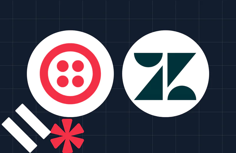 Logos of Twilio (left) and Zendesk (right) with abstract shapes on a dark grid-patterned background.