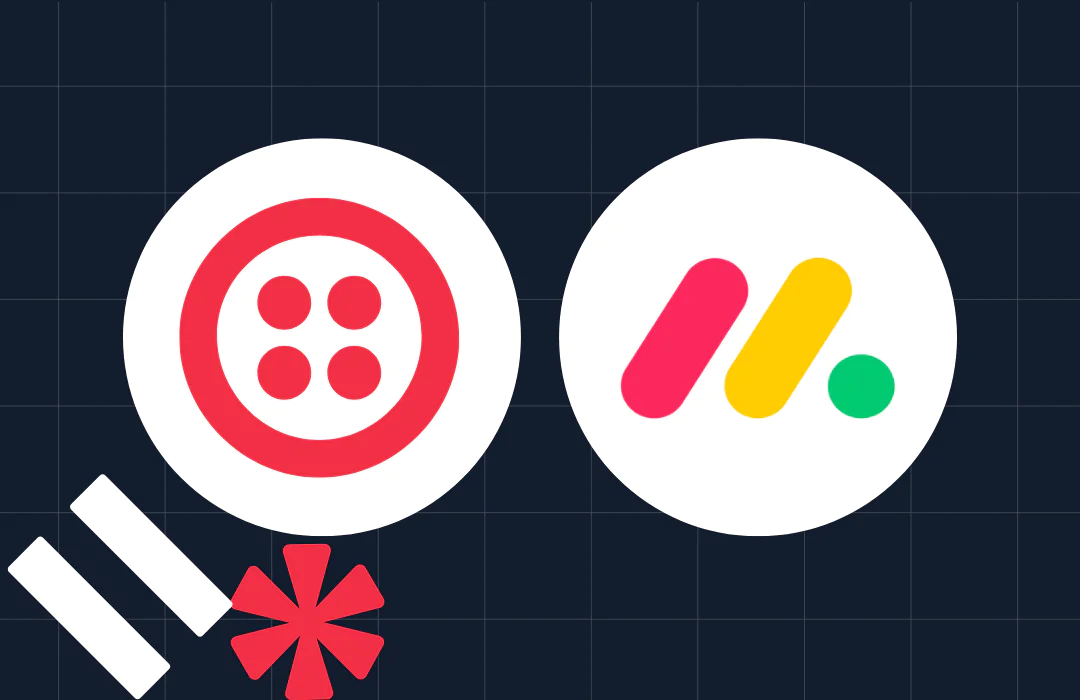 Logos of two collaboration tools on a dark grid background with additional symbolic icons.