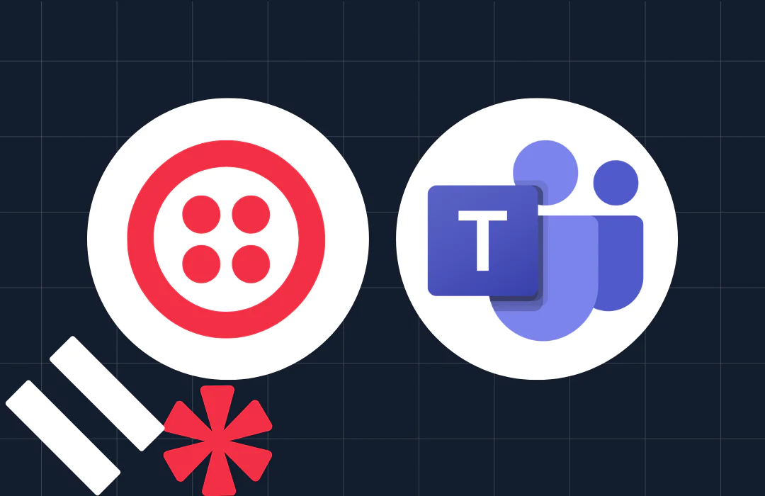 Red Twilio logo next to purple Microsoft Teams logo on dark grid background with additional graphics.