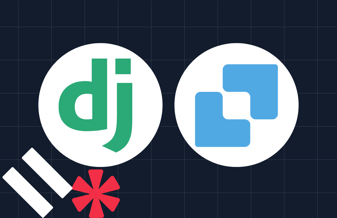 Logos of Django and Appwrite with geometric shapes on a dark grid background.