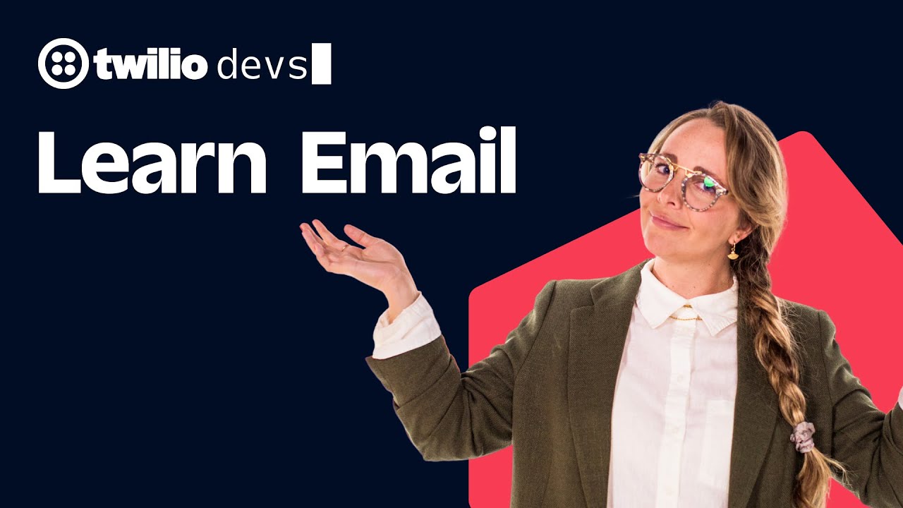 A person presenting under the text Twilio devs Learn Email with a red geometric shape in the background.