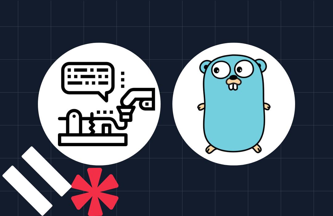 Cartoon gopher and CNC machine control icon with speech bubble on a dark grid background.