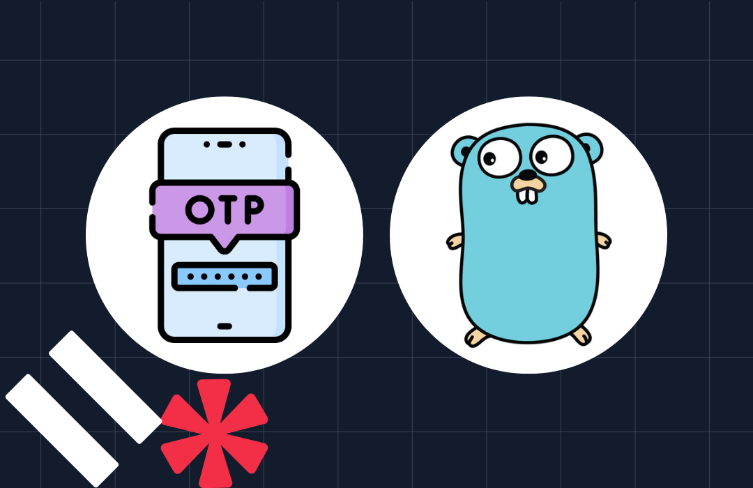 Illustration of a phone with OTP text and a blue gopher character on a dark grid background.