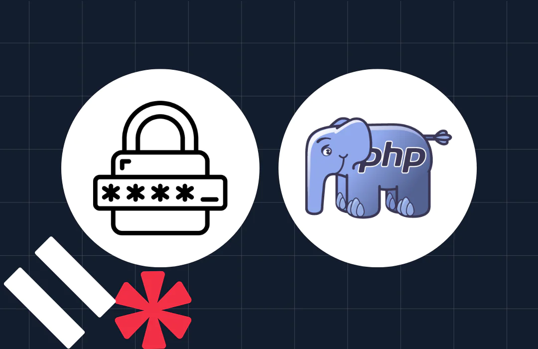 Lock icon and PHP elephant on a dark grid background with decorative elements.