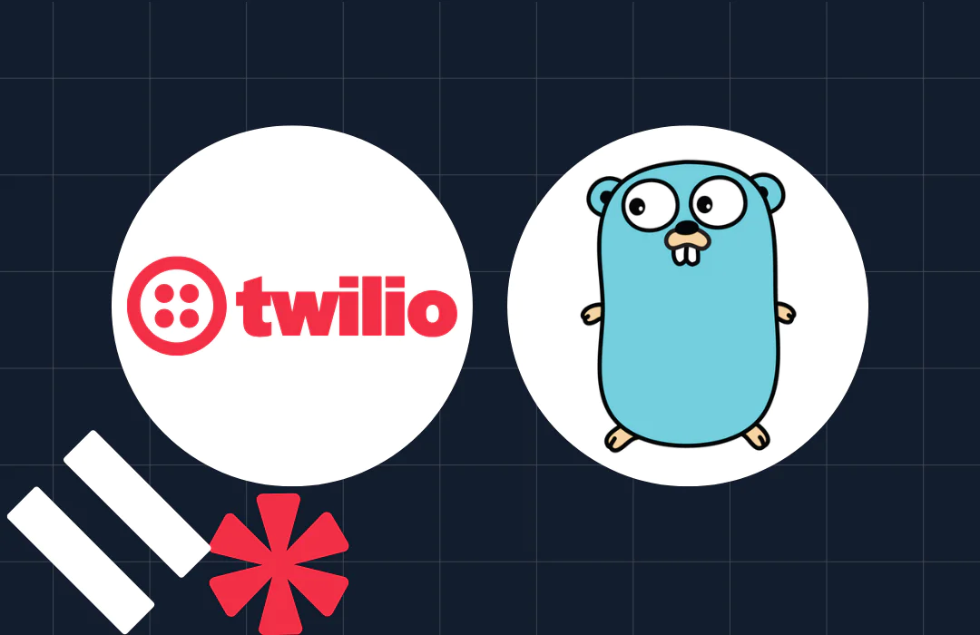 Twilio logo and Go programming language mascot icon on a dark grid background with red asterisk icon.