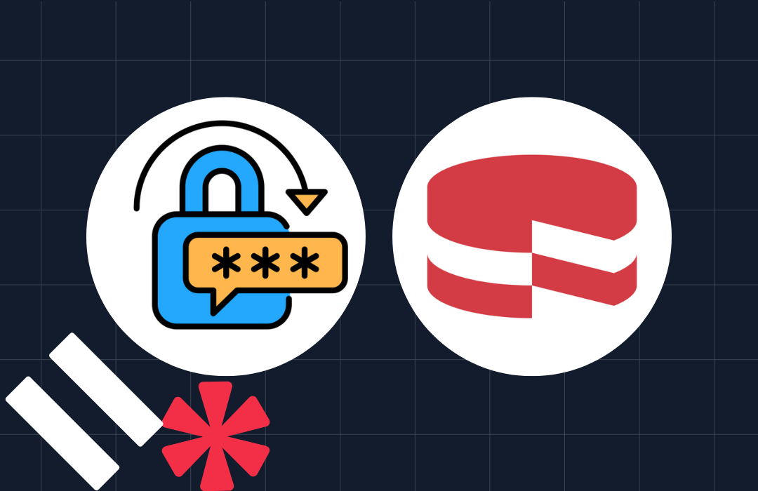 Icons of a lock with a password and a database on a dark grid background