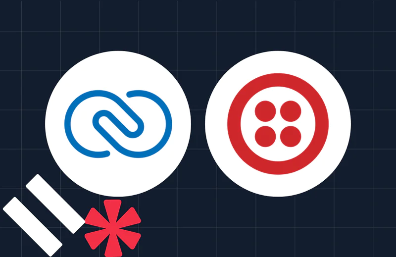 Logos of two business communication platforms with additional design elements on a dark grid background.