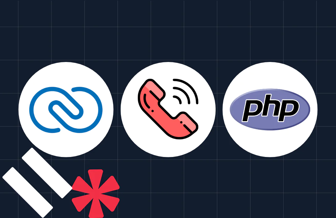 Three circular icons featuring illustrated logos of Zoho CRM, a phone, and PHP with geometric shapes on a dark grid.