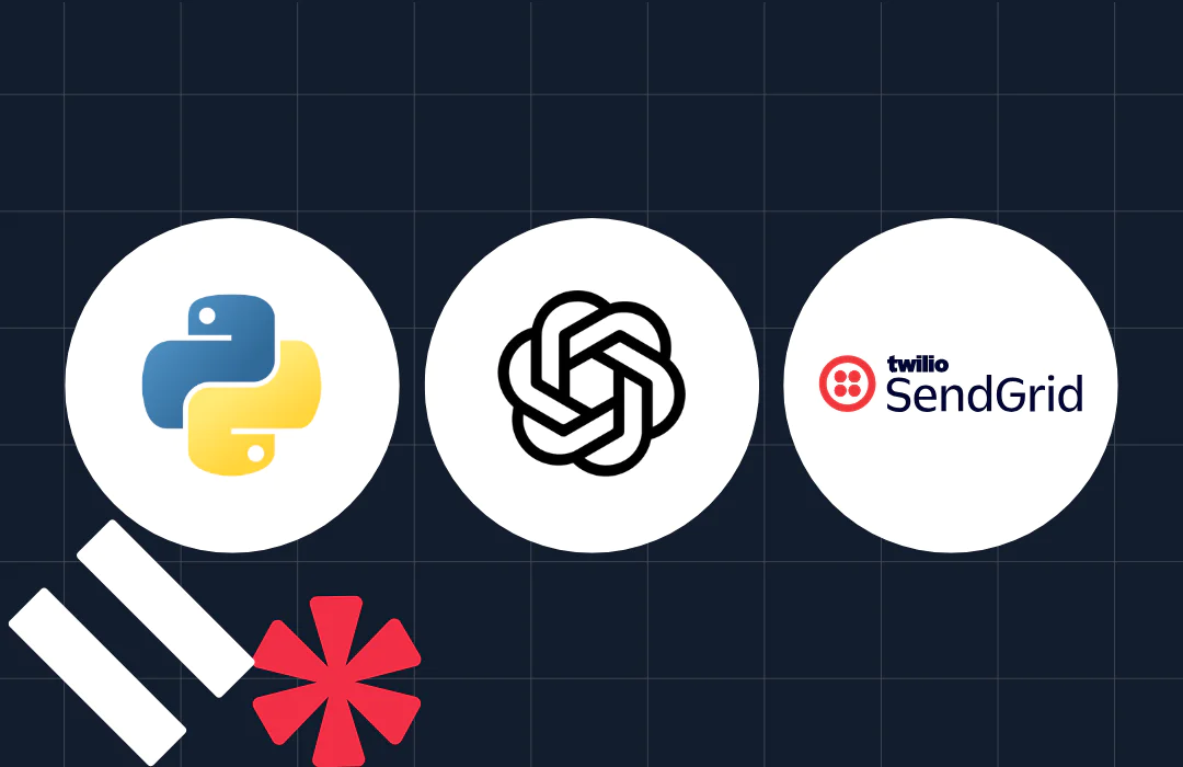 Logos of Python, OpenAI, and Twilio SendGrid on a dark grid background with decorative elements