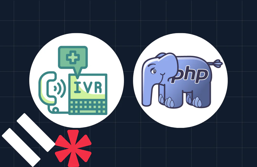 Icons representing an IVR system and PHP programming language, with additional graphic elements.