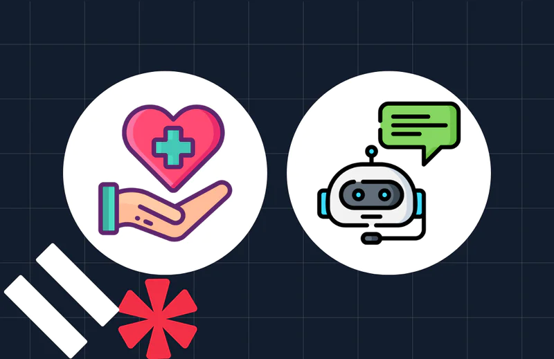 Hand holding a heart with a medical cross and a chatbot with a speech bubble on a dark grid background.