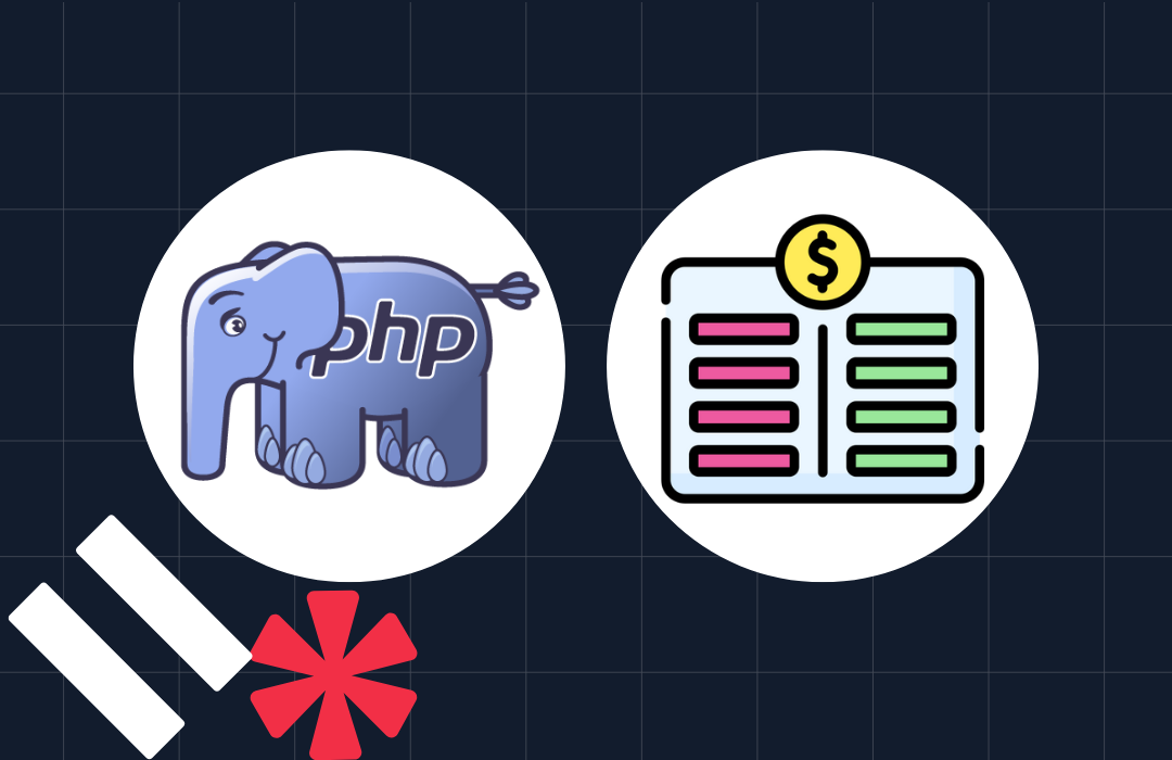 PHP elephant icon next to a financial ledger icon with dollar sign, surrounded by asterisks and bars