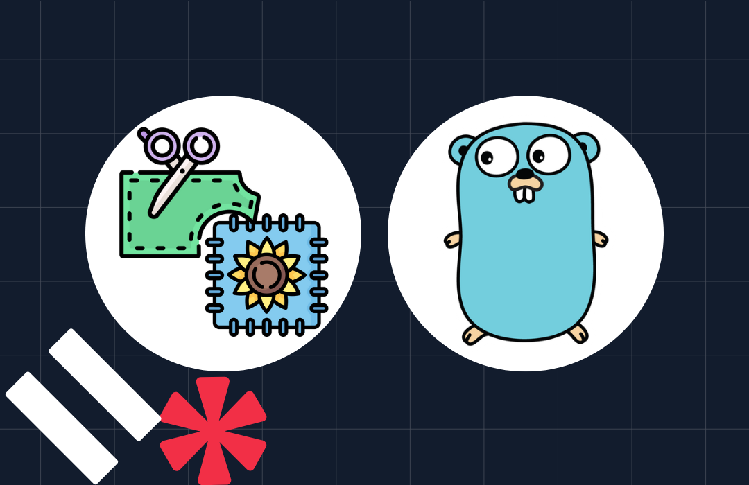 Illustration featuring a sewing icon and Go programming language mascot on a dark grid background.